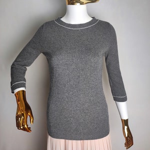 Pure Cashmere Soft Knit Sweater, 100% Cashmere Crewneck Pullover Jumper, Minimalist Classic Women Knitwear, Gray 3/4 Sleeve Sweater, Size XS