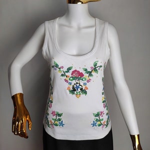 ESCADA Beaded Sequin Top, Floral Embroidery Cotton Tank Top, Y2K Designer Womens Sleeveless Top, Multicolor Embellished Summer Top, Size L