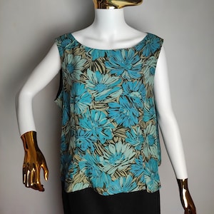 PIERRE CARDIN Vintage Silk Top, 80s Floral Print Sleeveless Blouse, French Designer Summer Top, Oversize Silk Blouse, Pure Silk Tank Top, XL