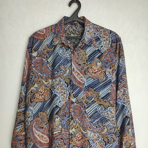 Mens Paisley Print Shirt, 80s Long Sleeve Viscose Shirt, Abstract Pattern Button Up, Psychedelic Festival Shirt, Colorful Summer Shirt, M