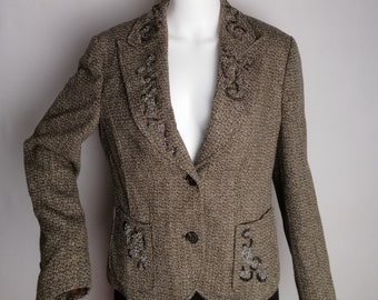 LUISA CERANO Wool & Silk Jacket, Y2K Beaded Applique Blazer, Womens Embellished Sequin Blazer, Single Breasted Long Sleeve Evening Jacket, L
