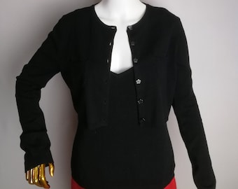 MOSCHINO Cardigan Set, Cheap & Chic Black Viscose Sweater, Y2K Luxury Designer Knitwear, Cropped Cardigan With Sleeveless Top, Made In Italy