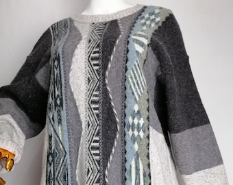 80s Mens Lambswool Sweater, Unisex Grandpa Crewneck, Geometric Patterned Knitwear, Cosby Hipster Wool Jumper, Gray Oversized Medium Pullover