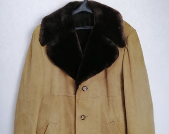 Jaren '80 heren suède jas, echt lederen schapenvachtjas, warme winterkraagjas, faux schapenvachtjas, cowboy western bovenkleding, maat XXL