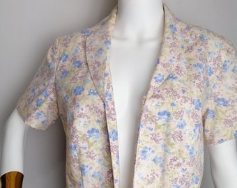 LAURA ASHLEY Blazer con estampado floral, chaqueta delantera abierta de los años 90, chaqueta bolero de patrón floral, top de algodón de manga corta, blazer de verano para mujer, talla L