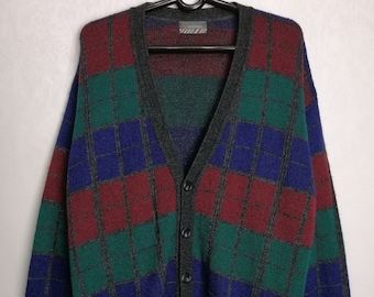 STEFANEL Wool Blend Cardigan, 80s Mens Cardigan, Grandpa Oldschool Sweater, Geometric Pattern Cardigan, Cosby Hipster Unisex Sweater, Size L