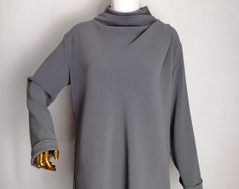 ALBERTO BIANI Vintage Blouse, 2000s Italian Luxury Designer Top, Y2K Minimalist Long Sleeve Blouse, Draped Collar Gray Sweater, Size XL