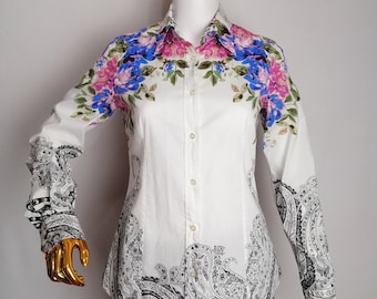 ETRO Floral Print Shirt, Y2K Italian Designer Blouse, Paisley Pattern Women Shirt, Long Sleeve Cotton Top, Fitted Button Up Shirt, Size S