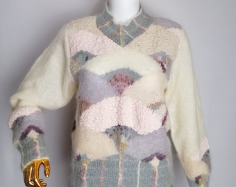LAUREN HANSEN Hand Knit Sweater, 80s Handmade Mohair Sweater, Fuzzy Wool Pullover, Cottagecore Soft Jumper, Warm Winter Knitwear, Size M