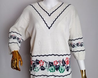 Anni '80 MISS ETAM Maglione, Maglione Stile Country Floreale, Pullover Punto Maglia Pizzo, Maglione Nonna Cotone Bianco, Maglieria Cottagecore, Taglia L