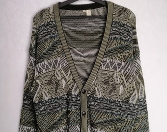 Oversized Mens Cardigan, 80s Cotton Blend Cardigan, Grandpa Oldschool Sweater, Geometric Patterned Cardigan, Cosby Hipster Sweater, Size XL