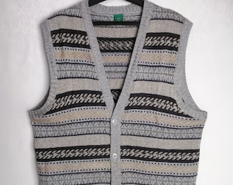 Vintage Wool Blend Vest, 90s Oversized Unisex Vest, Grandpa Sleeveless Cardigan, Geometric Patterned Vest, Oldschool Cosby Sweater, Size XL