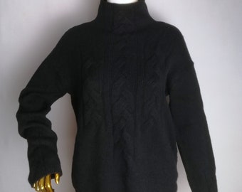 MAX MARA Cashmere & Wool Sweater, Women Soft Knit High Neck Sweater, 90s Italian Designer Sweater, Minimalist Black Long Sleeve Pullover, XL