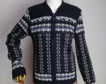 Suéter noruego de lana para mujer, suéter popular nórdico de los años 80, jersey de patrón escandinavo, cárdigan de lana con cremallera completa, prendas de punto cálidas de invierno, talla S