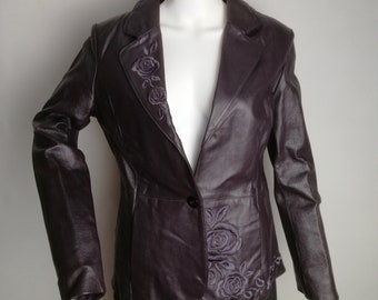 Veste en cuir véritable des années 90, veste brodée florale vintage, manteau en cuir violet foncé, veste bohème pour femme, vêtements en cuir véritable, taille M