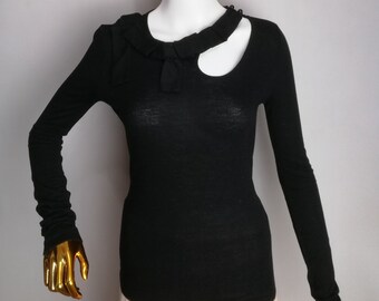 EMPORIO ARMANI Womens Sweater, Y2K Italian Luxury Designer Knitwear, Asymmetrical Cut Out Top, Black Wool Blend Long Sleeve Sweater, Size XS