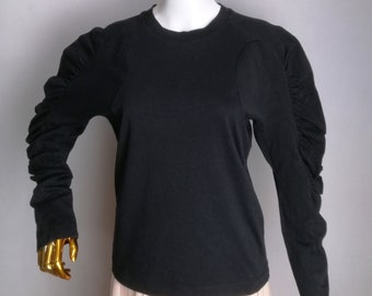 DRIES VAN NOTEN Schwarzes Baumwolle Top, Y2K Designer Puffärmel Bluse, Avantgarde Langarm Top, Seltenes Skulpturales Minimalistisches T-Shirt, Größe Xs