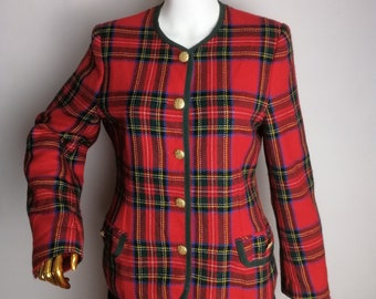 Tartan Wool Jacket, 80s Vintage Plaid Blazer, Made In Italy Red Check Jacket, Pure New Wool Ladies Blazer, Gold Buttons Elegant Jacket, M