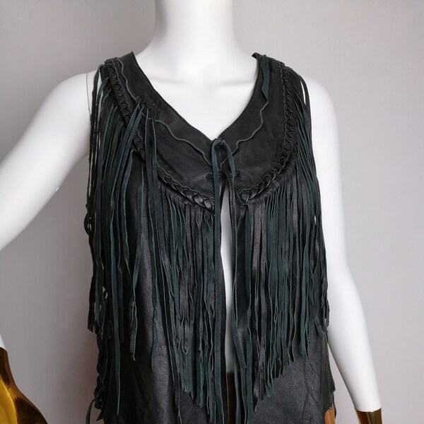 ALL SAINTS Leather Fringe Vest, Genuine Leather Asta Gilet, Open Front Black Braided Waistcoat, Motorcycle Biker Sleeveless Jacket, Size S