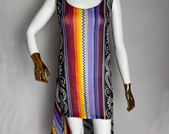 BYBLOS BEACHWEAR Linen Blend Dress, 90s Italian Designer Beach Dress, Multicolor Rainbow Print Summer Dress, Sleeveless Beach Cover Up, M