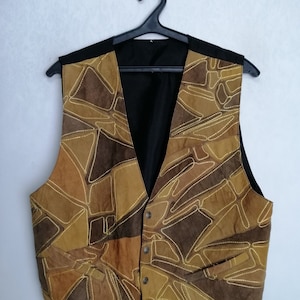 Real Leather Patchwork Vest, Western Cowboy Waistcoat, 90s Sleeveless Suede Vest, Embroidered Brown Country Vest, Boho Hippie Vest, Size L