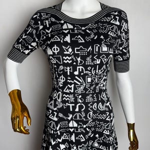 KENZO PARIS Symbol Print Dress, Hieroglyph Pattern Black & White Dress, Y2K Luxury Designer Chic Dress, Wool Cotton Flared Mini Dress, S