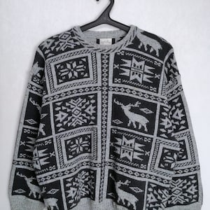 Nordic Wool Sweater, 90s Mens Scandinavian Sweater, Deer Pattern Wool Jumper, Norwegian Snowflake Ski Sweater, Warm Winter Knitwear, Size M