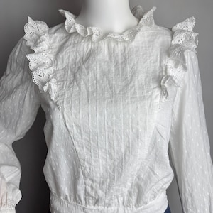 White Cotton Eyelet Blouse, Victorian Puff Sleeve Ruffle Top, Romantic Prairie Shirt, Boho Festival Retro Top, Cottagecore Lace Trim Blouse