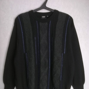 90s Wool Blend Sweater, Mens Geometric Patterned Pullover, Black Striped Jumper, Unisex Oldschool Knitwear, Grandpa Cosby Sweater, Size XL