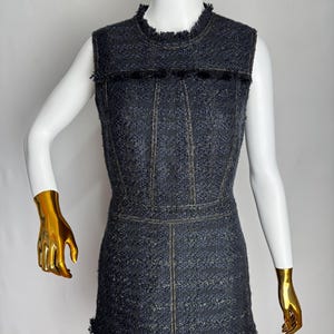 TORY BURCH Tweed Sleeveless Dress, Aria Designer Textured Boucle Dress, Navy Black Metallic Check Dress, Fringe Short Shift Mini Dress, XS S