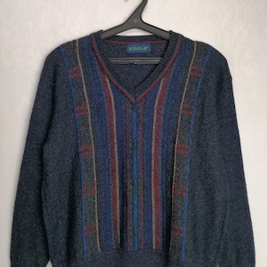 80s Wool Blend Sweater, Men Geometric Patterned Pullover, Navy Blue Striped Jumper, Unisex Oldschool Knitwear, Grandpa Cosby Sweater, Size S