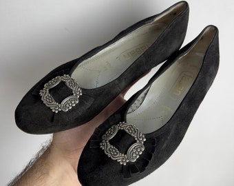 Dirndl traditionella läderpumps, Oktoberfest trachten mockaskor, österrikiska folkmusik svarta pumps, bayerska tyrolska kostymskor, storlek 5 UK, 7 US