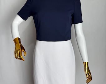 RALPH LAUREN Colorblock Sheath Dress, Navy White Formal Office Dress, Y2K Designer Minimalist Dress, Classic Workwear Casual Midi Dress, XS