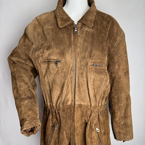 Vintage Real Suede Jacket, Brown Genuine Leather Zip Up Coat, 80s Cinched Waist Jacket, Oversized Country Western Coat, Women Outerwear, XXL