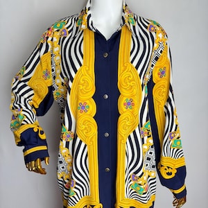Vintage Gold Chain Print Shirt, 90s Italian Baroque Style Shirt, Novelty Print Button Up Blouse, Multicolor Unique Oversized Long Sleeve Top