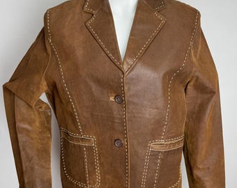 90s Genuine Leather Jacket, Western Style Leather Blazer, Brown Cowgirl Contrast Stitch Jacket, Classic Ranch Leather Coat, Fall Outerwear