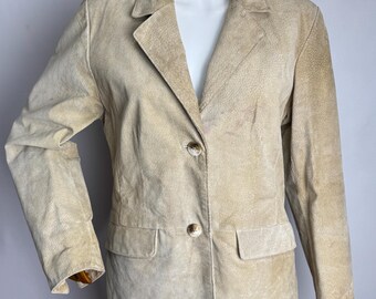 90s Womens Suede Blazer, Beige Genuine Leather Jacket, Minimalist Neutral Tone Blazer, Classic Vintage Fall Jacket, Timeless Suede Outerwear