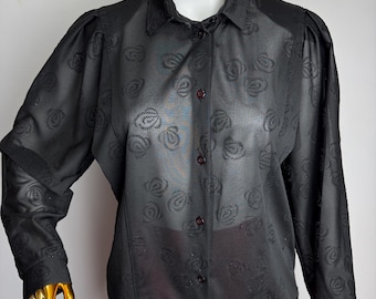80s Czarna półprzezroczysta bluzka, bluzka sekretarka z bufiastymi rękawami, elegancka błyszcząca bluzka wieczorowa, klasyczny ciemny romantyczny top, bluzka retro na imprezę