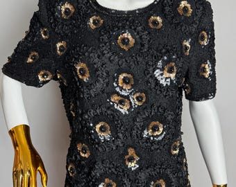 Blusa vintage de seda negra con cuentas, blusa de noche con lentejuelas y flores de los años 80, camisa de fiesta glamurosa adornada a mano, blusa de seda retro brillante para cóctel, talla M