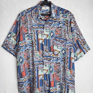 Mens Abstract Print Shirt, 80s Short Sleeve Viscose Shirt, Geometric Button Up, Psychedelic Festival Shirt, Colorful Retro Summer Shirt, XL