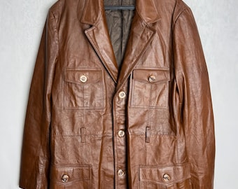 Vintage Mens Leather Jacket, 70s Style Leather Safari Jacket, Brown Field Jacket With Utility Pockets, Classic Heritage Leather Fall Coat, M