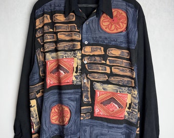 Mens Abstract Print Shirt, 90s Long Sleeve Viscose Shirt, Geometric Button Up, Psychedelic Festival Shirt, Multicolor Vacation Cotton Shirt