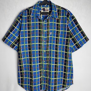 Mens Geometric Print Shirt, 90s Short Sleeve Summer Shirt, Oversized Cotton Button Up, Multicolor Festival Shirt, Patterned Plaid Shirt, L