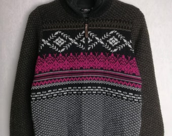 Suéter noruego de lana con cremallera, suéter nórdico de los años 90, suéter con estampado escandinavo, tejido de punto de mezcla de lana para mujer, suéter cálido de esquí de invierno, M