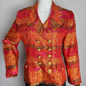 90s Metallic Brocade Blazer, Red Gold Lurex Jacket, Double Breasted Statement Evening Coat, Bold Geometric Pattern Jacket, Made In France, M