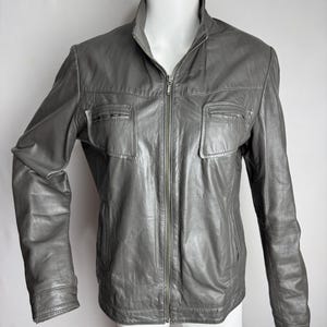 90s Vintage Leather Jacket, Classic Women Biker Jacket, Gray Motorcycle Jacket, Genuine Leather Zipped Jacket, Aviator Pilot Urban Jacket, M