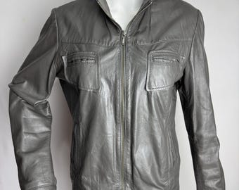 Vintage leren jas jaren 90, klassiek dames bikerjack, grijze motorjas, echt leren jack met rits, urban pilotenjack, M