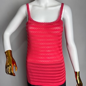 PIERRE CARDIN Vintage Tank Top, Y2K Designer Sheer Lace Top, Vibrant Hot Pink Top, 2000s Striped Mesh Cami, Stretchy Lingerie Camisole, S