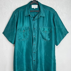 Vintage Herren Seidenhemd, 90er Jahre Oversized reine Seidenbluse, Petrol Seide Knopfleiste, Kurzarm Sommerhemd, Retro Urlaubshemd, Größe XL