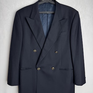 BONGENIE GRIEDER Mens Wool Jacket, Black Double Breasted Blazer, 80s Formal Suit Jacket, Tailored Sport Coat, Classic Gold Button Blazer